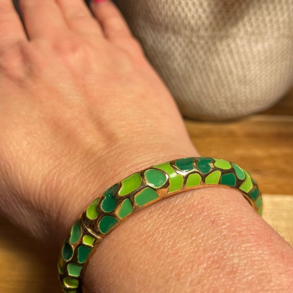 Green Mosaic Enamel Bangle Bracelet | Gold Tone Slip-On Boho Chic - Picture 3 of 4